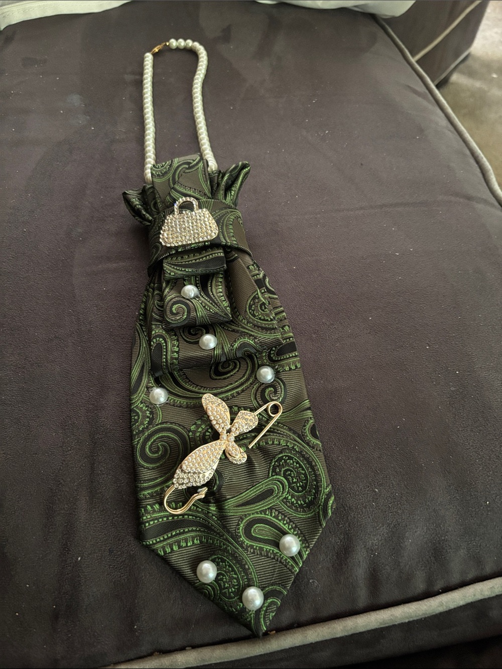 Green Paisley Women's Tie with Pearl and Rhinestone Accents